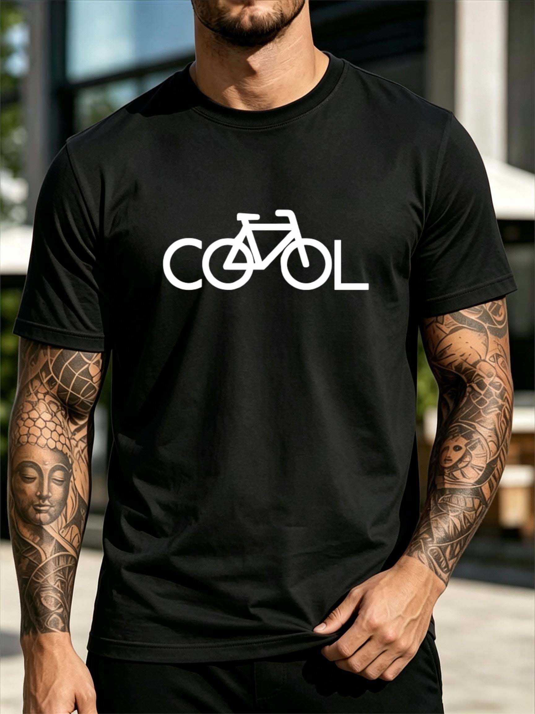 Cycling In City - メンズラウンドネック半袖Tシャツ、黒と白の配色、クールなレタリングとシングルラインプリントのミニマリストデザイン、ルーズフィット、オーバーサイズ、シティサイクリングや通勤に最適、通気性のある夏用トップス